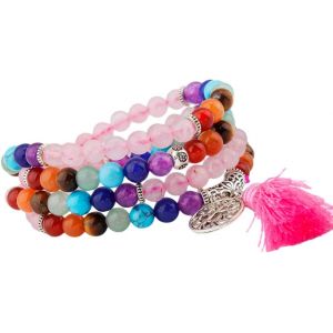 Mala Bracelet Perlé En Pierre Cristal Précieuse, Rondes Bouddhistes 108 Perles Collier Élastique Pour Femme Et Homme, Quartz Rose/7 Chakra - Neuf
