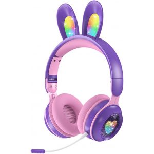 lbgwp60-Casque Audio Enfant Bluetooth, 85Db Casque Sans Fil Pour Enfant, Pliable Supra-Auriculaires Écouteurs Sans Fil Et Filaire Avec Led Oreille De Lapin Et Micro Pour Garçon/Fille/Tablette-Violet - Neuf