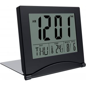 R&eacute;veil Num&eacute;rique Pliable LCD Horloge Digitale avec R&eacute;tro-&eacute;clairage - Alarme R&eacute;veil de Table avec Indication du Jour, Date et Temp&eacute;rature - Horloge Calendrier avec Date Jour et Heure - Argent - Neuf