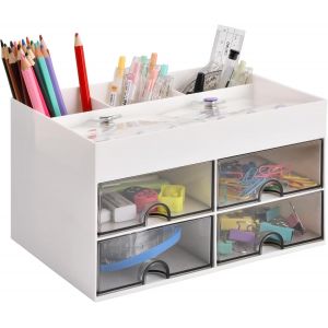 Organisateur de Bureau, Plastique Papeterie Organizer avec 4 Compartiments et 4 Petits Tiroirs, Multifonctionnel Bureau Organisateur de Maquillage pour Bureau, Maison, École (Blanc) - Neuf
