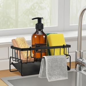 Support D'évier De Cuisine, Organisateur D'évier En Acier Inoxydable, Support De Rangement D'évier Avec Bac De Vidange Automatique, Adapté Au Support De Rangement D'éponges Et De Serviettes, Noir - Neuf