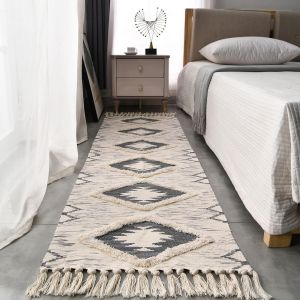 Tapis En Coton Touffet&eacute; Lavable Avec Pompons - Motif G&eacute;om&eacute;trique - Tapis De Zone Boh&egrave;me - Pour Buanderie/Chambre &Agrave; Coucher - 60 X 180 Cm - Gris - Neuf