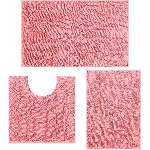 Lot de 3 tapis de bain doux,antid&eacute;rapants,en chenille,absorbants,pour salle de bain,toilettes et douche,lavables en machine (rose) - Neuf