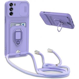Eryi-Coque Avec Cordon Pour Motorola Moto G62 4g,Collier Pour Étui Colliers De Cellulaire Réglable Corde Silicone Souple Case,Protection De La Caméra,Support,Porte Cartes - Violet - Neuf