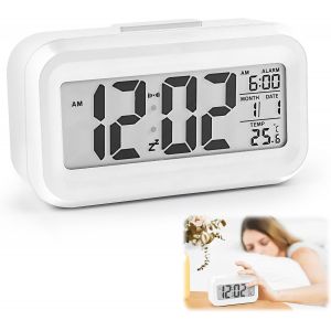 KALANKA-Réveil Digital LCD à Piles Grand Ecran - Température, Date, Snooze, Lumineux - Horloge Numérique Portable pour Chambre, Bureau, Voyage - Blanc - Neuf