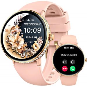 Montre connect&eacute;e pour Femme avec Diamants 1,2"" AMOLED Fitness Tracker avec appels, Montre num&eacute;rique avec 100 Sports, SpO2 / Cardiofr&eacute;quencem&egrave;tre &eacute;tanche Smart Watch pour iOS Android (Or Rose) - Neuf