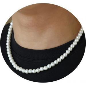 Trahoo-Collier Perle Femme Homme Collier De Perles D'imitation, 6/8mm Ras De Cou Perle Blanches, Court Rond Perle Choker Pearl Cadeau Noël D'anniversaire Bijoux Longueur 40-60cm - Neuf