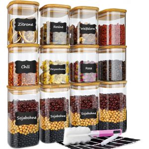 LETNERNY-Bocaux En Verre - 12 Pots De Conservation Réutilisables Pour Rangement Cuisine, Épices, Céréales, Collations (4 * 800Ml + 8 * 500Ml) - Neuf