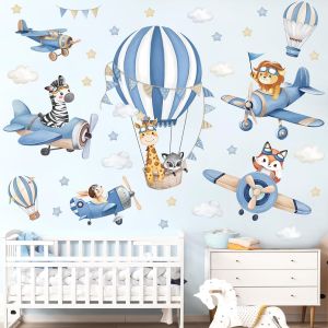 ERYI-Stickers Muraux Enfants Montgolfière Bleu Autocollant Mural Animaux Avion Girafe Lion Renard Décoration Murale Chambre Enfants Bébé Pépinière Salon - Neuf