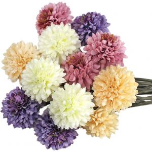 12 Pcs Fleurs Artificielles,4 Couleurs Chrysanth&egrave;mes Artificielles + Corde de Ficelle Jute + Carte de V?ux,Soie Hortensia Bouquet pour Mariage,Maison,Jardin,F&ecirc;te,Bureau - Neuf