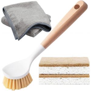 Kgabery-Ensemble De Brosses À Vaisselle Avec Manche En Bois Naturel,Éponge À Vaisselle Écologique Compostable,Chiffon De Nettoyage En Microfibre,Brosse À Récurer Pour Vaisselle,Évier,Casseroles, - Neuf