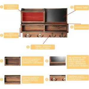 Porte-Clés Mural (40 Cm),Organisateur De Courrier,Crochets À Clés Et Porte-Monnaie,Rangement Pour Lunettes De Soleil Et Laisse Pour Chien,Avec 4 Crochets Doubles (Marron) - Neuf