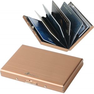 TRAHOO-Porte Carte de Cr&eacute;dit en M&eacute;tal avec Blocage RFID pour Hommes et Femmes, Fin Portefeuille Carte de Cr&eacute;dit en Acier Inoxydable pour 6 Cartes. (6 Cartes/Or Rose) - Neuf