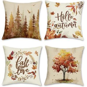 Cauc-Housse De Coussin Automne 45 X 45 Cm Arbres Feuilles Couronne Polyester Lin D&eacute;coratif Taie D'oreiller Pour Canap&eacute; Chambre Maison Jardin Ext&eacute;rieur D&eacute;coration 4 Pi&egrave;ces - Neuf
