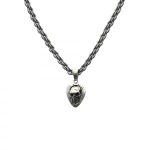 Collier Chaine Argent Massive Big Fantaisie Pendentif T&ecirc;te De Mort Et M&eacute;diator Pierre Noire - Neuf