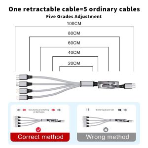 TIANYI-USB C vers C&acirc;ble de Chargeur Multiple R&eacute;tractable, C&acirc;ble de Chargeur 4 en 1 &agrave; Charge Rapide 3A avec Connecteurs 2*iP, Type C, Micro USB pour Samsung Galaxy, Huawei, Moto, Xiaomi, Sony, PS-1M - Neuf