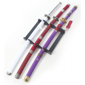 Lot 3 Katanas Bois Lame en Bois Zoro Epee One Piece Replique Sabre + Presentoir en Bois D&eacute;coration - Neuf