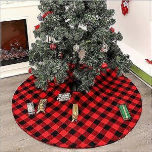 (Jupe de sapin uniquement) Jupe de sapin de No&euml;l 122 cm &agrave; carreaux rouges et noirs, motif flocons de neige, pour la d&eacute;coration de la maison pour le Nouvel An. - Neuf
