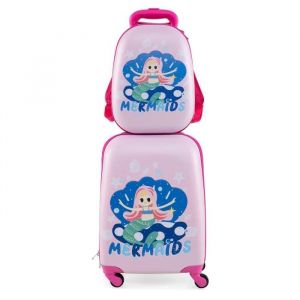 COSTWAY Valise Enfant à Roulettes 16¿¿ + Sac à dos 12¿¿, Bagage Enfants avec Motif Sirène, pour Voyages en Avion, Rose - Neuf