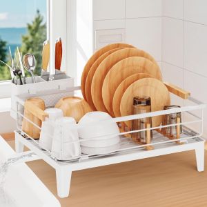 Chenquansarl-Egoutoire Vaisselle Cuisine, Égouttoir Vaisselle Inox Avec Porte-Gobelets Et Porte-Ustensiles, Seche Assiettes Avec Plateau D'égouttage Et Vidange Automatique, Dish Cuisine Rangement, Bl - Neuf