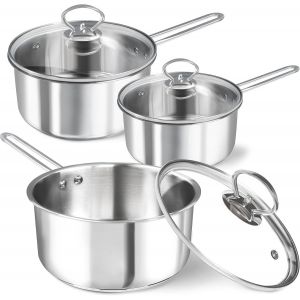 Asfasfq-Lot De 3 Casseroles En Acier Inoxydable De Qualité Supérieure - 16 Cm, 18 Cm, 20 Cm, Couvercles En Verre Trempé Avec Aérations De Vapeur, Compatibles Avec Induction Et Résistant Aux Rayures ( - Neuf