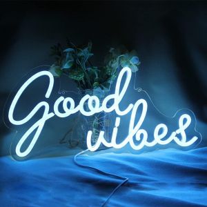 Good Vibes Lampe De Nuit Led Néon Pour Décoration Murale Bleu 5 V Alimentée Par Usb Avec Interrupteur À Intensité Variable Pour Chambre À Coucher, Fête, Hôtel, Décoration Récréative (40.6x19.1 Cm) - Neuf
