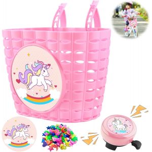 Kal-Panier Velo Enfant, Panier De Vélo Pour Enfants, Licorne Panier Velo, Panier Avant Vélo Enfants Avec Cloche Et Autocollant Pour Décoratif Vélo, Draisienne, Scooter, Accessoire De Vélo Enfant Fill - Neuf