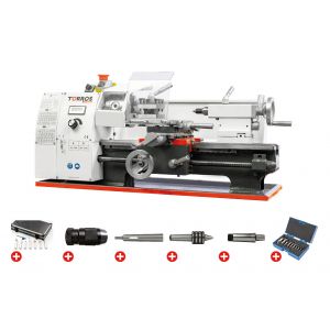 Tour &agrave; m&eacute;taux d'&eacute;tabli hauteur des pointes 100 mm entre-pointes 300 mm al&eacute;sage 21 mm 0,6 kW 230V + accessoires essentiels Torros PACK TR1830V - Neuf