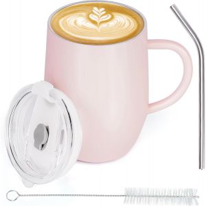 Kalanka-Mug Isotherme Avec Poign&iquest;&iquest;E En Acier Inoxydable - 350 Ml - Gobelet Avec Paille Et Couvercle En Plastique &iquest;&iquest; Double Paroi Thermique - Tasse Isotherme Pour Cafe/Th&iquest;&iquest;, Boissons Chaudes & Froides - Neuf