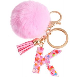 KAL-Porte-Clés Rose Avec Lettre Porte-Clés Fille Initiale Cadeau Femmes Porte-Clés Boule De Poils Décorer Pour Sac Sac À Dos Porte-Clef Gland Or Porte-Clef Femme - Neuf