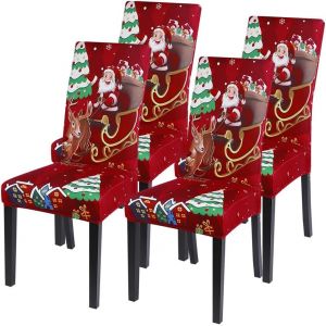 Lot de 4 housses de chaise de salle à manger de Noël, housse de chaise de cuisine pour salle à manger, décoration de Noël, fête de fin d'année (Père Noël + cerf) - Neuf