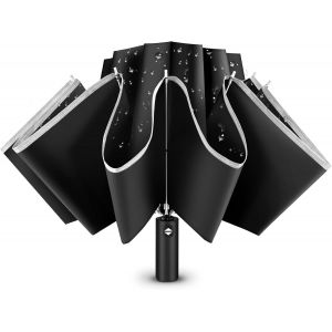 Parapluie Pliant Grand, Parapluies Anti Vent 105 Cm Parapluie Invers&eacute; Compact 10 Baleines R&eacute;fl&eacute;chissant Parapluies Umbrella Automatique Portables Parapluie Compact Pour Homme Femme (Noir) - Neuf