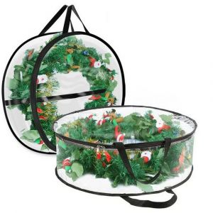 Sac de rangement rond transparent pour couronne de No&euml;l avec double fermeture &eacute;clair, organisateur en PVC pour d&eacute;corations de f&ecirc;tes - Neuf