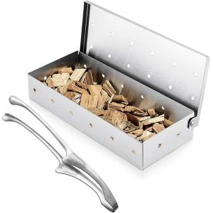 Ulteronixshop-Fumoir en acier inoxydable pour griller des copeaux de bois avec pince alimentaire - Chambre de fum&eacute;e perfor&eacute;e - Accessoire de barbecue pour barbecue au charbon de bois / barbecue &agrave; gaz - Neuf