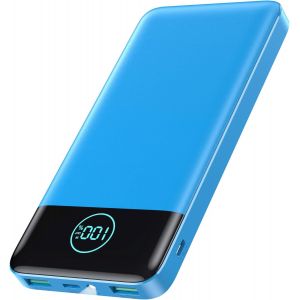Eryi-Batterie Externe 13800mah, [Ultra Mince Mais Puissant] Power Bank Usb C 3a In & Out Chargeur Portable Avec Affichage Led Et Lampe De Poche Batterie Portable Pour Iphone Galaxy Huawei - Bleu Ciel - Neuf