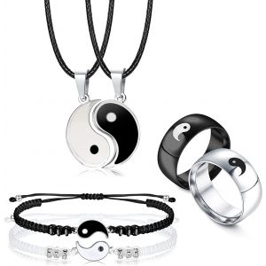 Eryi-6 Pièces Collier Yin Yang Assorti Bracelets Bagues Ensemble Couple Collier Bracelet Anneaux Pour Lui Et Elle Collier Yin Yang Assorti Petit Ami Petite Amie Amitié Saint Valentin Bijoux Cadeau - Neuf