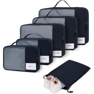 Organisateur Val Packing Cubes 6 Pi&egrave;ces Sac Rangement Val Avec &Eacute;tiquette Diy L&eacute;ger Et Respirant Housse Compartiment Val Organ Urs De Bagage Pochette Vetement Voyage, Noir - Neuf
