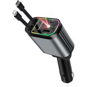 Rétractable Chargeur Voiture,66 W Chargeur De Voiture 4 En 1 À Charge,Allume Cigare Usb C,Accessoire Voiture Interieur,Pour Iphone,Samsung Galaxy,Google - Neuf