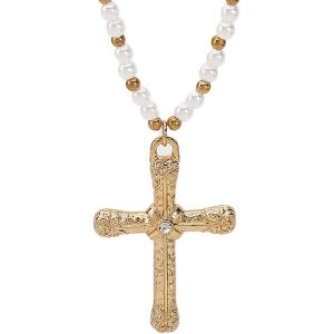 Kales-Collier Pendentif Croix Pour Femme,Collier Croix À Perles En Chaîne D'alliage,Pendentif Double Vintage Avec Strass Cadeaux Pour Filles Femmes (4 Modèles,Or/Argent) - Neuf