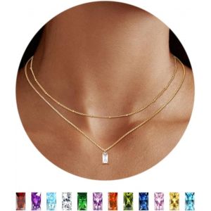 Kal-18k Plaqué Or Collier Femme Avec Pierre De Naissance Pendentif Réglables Empilables Collier Ras De Cou Femme Chaine Or Cadeaux Pour Femme Cadeau De Noël Anniversaire - Neuf
