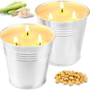 Lot de 2 grandes bougies à la citronnelle pour l'extérieur, En cire de soja naturelle, Avec 3 mèches, Parfum citronnelle, Idéal pour le camping, le pique-nique, la terrasse, Durée de - Neuf