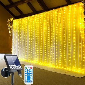 KAL-Solaire Rideau Lumineux 3X3M, 300 Led Solaire Rideau Lumineux Extérieur,8 Modes, Solaire Rideau Lumineux Intérieur Courant Usb,Ip65 Étanche Avec Télécommande Minuterie Et Fonctions - Neuf