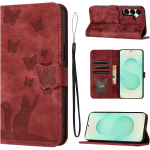 KAL-Housse Protection Pour Samsung Galaxy S25 Plus/S24 Plus 5G Pouces Mat&eacute;riau En Cuir Pu Coque S25 Plus/S24 Plus Avec Fentes Pour Cartes Housse S25 Plus/S24 Plus Rouge - Neuf