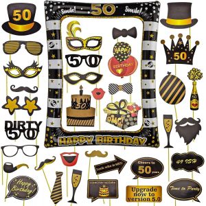 Accessoires De Photomaton 50ème Anniversaire Unisexe Funny Masquerade Kit Photobooth + Cadre Photocall Pour La Décoration D'anniversaire Diy - Neuf