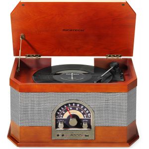 VornixorSarlshop-RMC82 - Tourne-Disque &agrave; 33-45-78 Tours/Minute, Tourne-Disque Vinyle avec Radio, USB, Haut-parleurs st&eacute;r&eacute;o int&eacute;gr&eacute;s, Sortie de Ligne RCA, Line-in, Couleur Bois Sombre Classique - Neuf