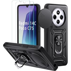 Kal-Coque Pour Xiaomi Redmi 14c 4g /5g / Xiaomi Poco C75 / Redmi A4, Avec 2 Pièces Verre Trempé, Lentille Coulissante Couverture, Support 360° Rotatif Militaire Pc Armor Etui, Noir - Neuf