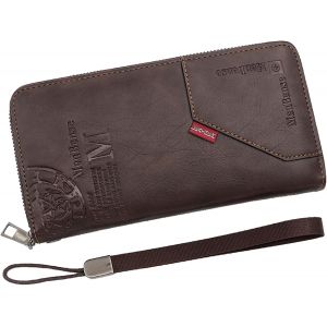 Portefeuille Long Pour Homme - En Cuir Synth&eacute;tique - Fermeture &Eacute;clair - Nombreux Compartiments Pour Cartes - Avec Dragonne - Grande Capacit&eacute; - Fermeture &Eacute;clair Simple - Pour Homme (Caf&eacute; - Neuf