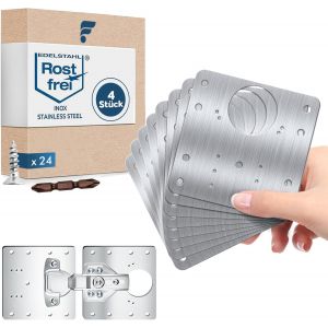 Lot de 4 plaques de r&eacute;paration de charni&egrave;re de porte, avec 24 vis, kit de r&eacute;paration de charni&egrave;re en acier inoxydable, pour la r&eacute;paration de portes d'armoire, d'armoires, d'&eacute;tag&egrave;res - Neuf