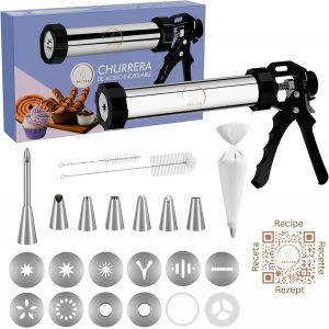 Jexnovashop-Appareil &Agrave; Churros Acier Inoxydable 304 - Kit Machine &Agrave; Spritz Et Presse &Agrave; Biscuits, Poche &Agrave; Douille, 7 Douilles, 8 Disques (Chichis & Sabl&eacute;s), Livre Recettes - Neuf