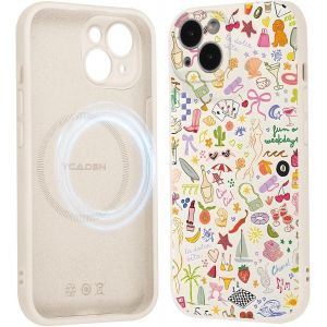 Brs-Coque Magnétique Pour Iphone 13 6,1"", Compatible Avec Magsafe, Aesthetic Fleurs Coloré Motif Etui Dessin Fille Case, Souple Silicone Liquide Mince Tpu Bumper Antichoc Housse Cover, Beige - Neuf